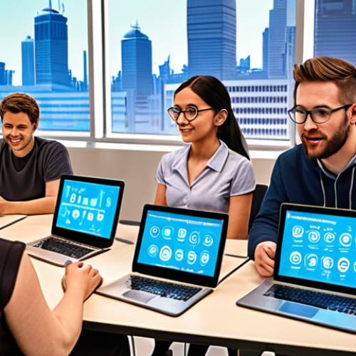Home 11 **
Prompt: A diverse group of people participating in an online skills training course on laptops and tablets. The background features a futuristic cityscape with automated factories and delivery drones. Focus on conveying a sense of empowerment and adaptability in the face of technological change. Include keywords: "upskilling," "future of work," "digital skills," "online learning," "career development." Style: Bright, optimistic, and slightly stylized.
**