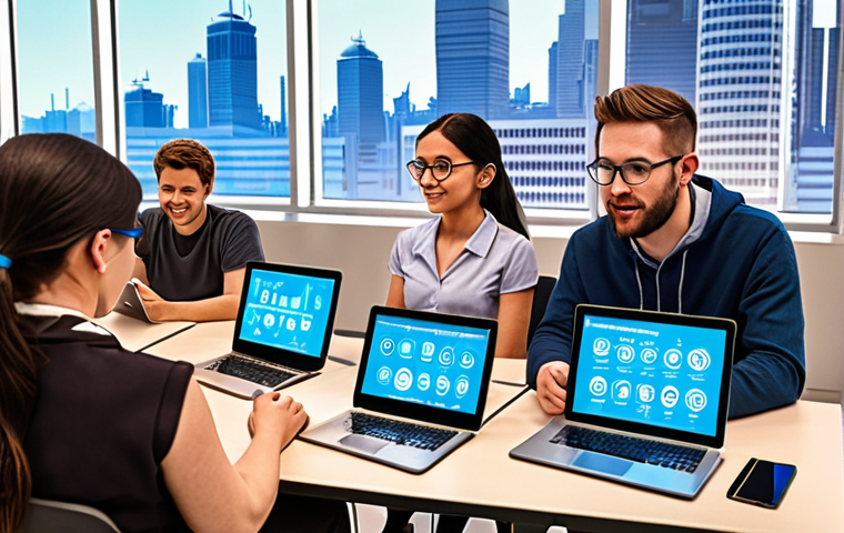 **
Prompt: A diverse group of people participating in an online skills training course on laptops and tablets. The background features a futuristic cityscape with automated factories and delivery drones. Focus on conveying a sense of empowerment and adaptability in the face of technological change. Include keywords: "upskilling," "future of work," "digital skills," "online learning," "career development." Style: Bright, optimistic, and slightly stylized.
**