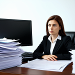 A professional businesswoman in a modest, dark business suit, sitting at a cluttered desk with piles of papers, an expression of focused stress and overwhelm. Her eyes are fixed on a computer screen displaying numerous open tabs and complex data. The modern office background is softly blurred, indicating a busy work environment. Fully clothed, appropriate attire, professional dress, safe for work, perfect anatomy, correct proportions, natural pose, well-formed hands, proper finger count, natural body proportions, professional photography, high quality, family-friendly.