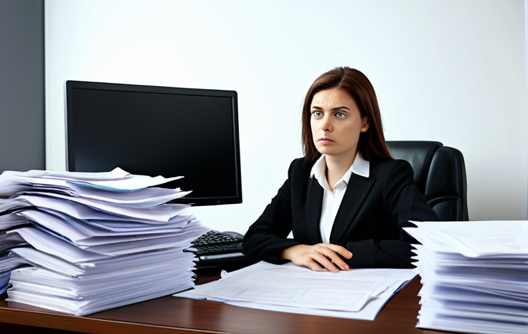 A professional businesswoman in a modest, dark business suit, sitting at a cluttered desk with piles of papers, an expression of focused stress and overwhelm. Her eyes are fixed on a computer screen displaying numerous open tabs and complex data. The modern office background is softly blurred, indicating a busy work environment. Fully clothed, appropriate attire, professional dress, safe for work, perfect anatomy, correct proportions, natural pose, well-formed hands, proper finger count, natural body proportions, professional photography, high quality, family-friendly.