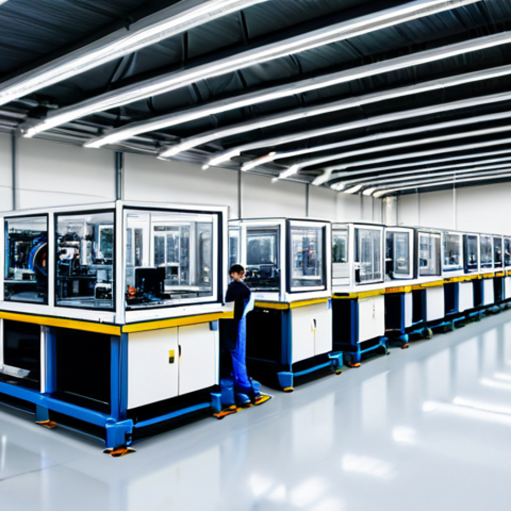 작업 자동화의 장점과 단점 분석 - The Automated Factory**
"A modern, brightly lit factory floor, showcasing robotic arms assembling p...