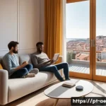 Home 18 작업 자동화에 대한 글로벌 트렌드 - **Prompt:** A cozy, modern Portuguese living room bathed in warm, soft light. A young, casually dres...