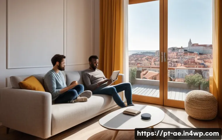 작업 자동화에 대한 글로벌 트렌드 - **Prompt:** A cozy, modern Portuguese living room bathed in warm, soft light. A young, casually dres...