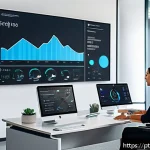 Home 23 작업 자동화가 팀워크에 미치는 영향 - A diverse corporate team in a modern office environment, collaborating around a large digital screen...